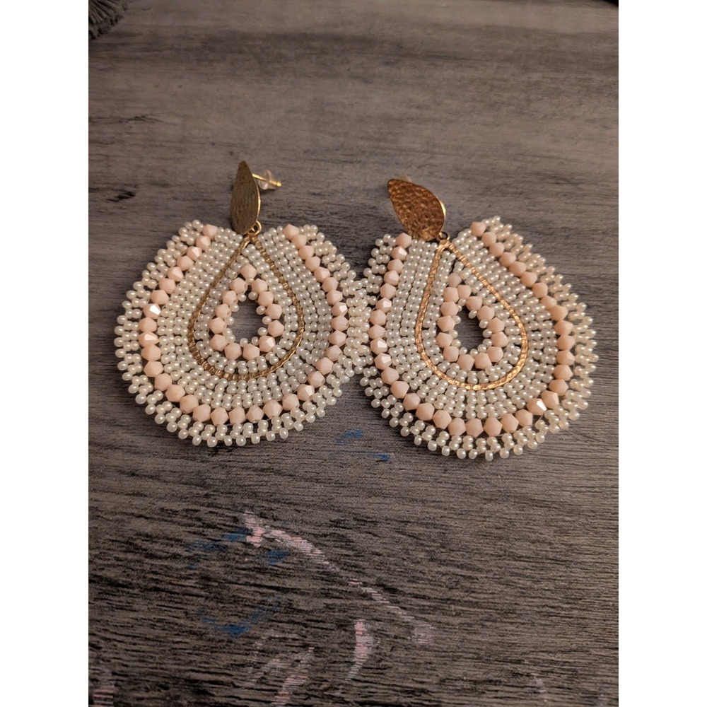 Beaded Teardrop Statement Earrings Blush Pink Cream Gold Tone Boho Drop